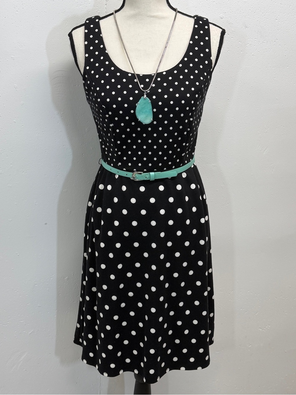 Black and White Polka Dot Sleeveless Midi Dress with Mint Accent
